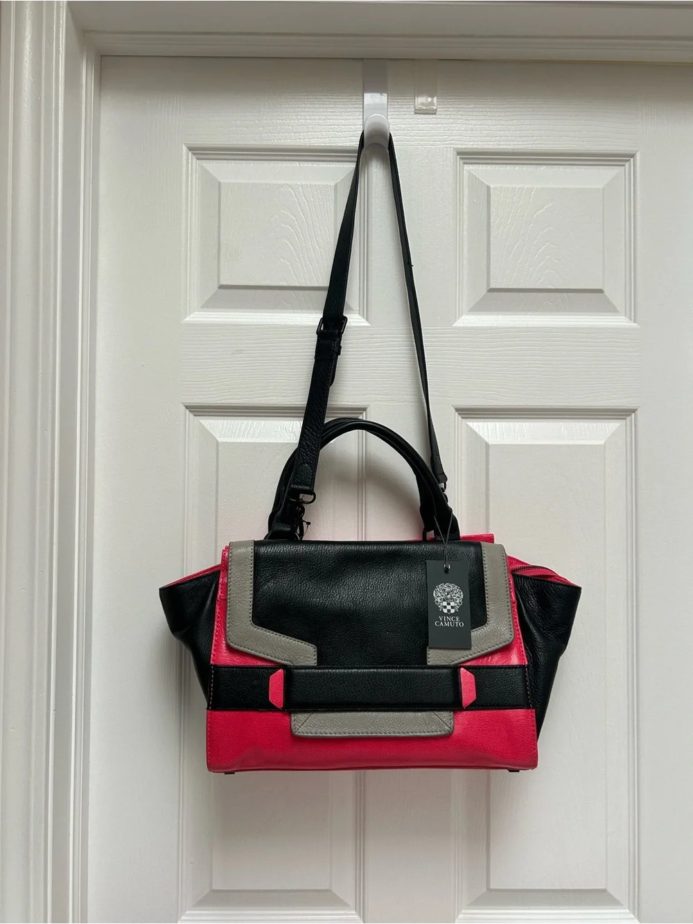 Vince Camuto Black, Pink & Gray Colorblock Leather Satchel Bag